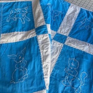Vintage 1940s Hand Embroidered Nursery Animal Crib Quilt 50x36 + Seam Binding